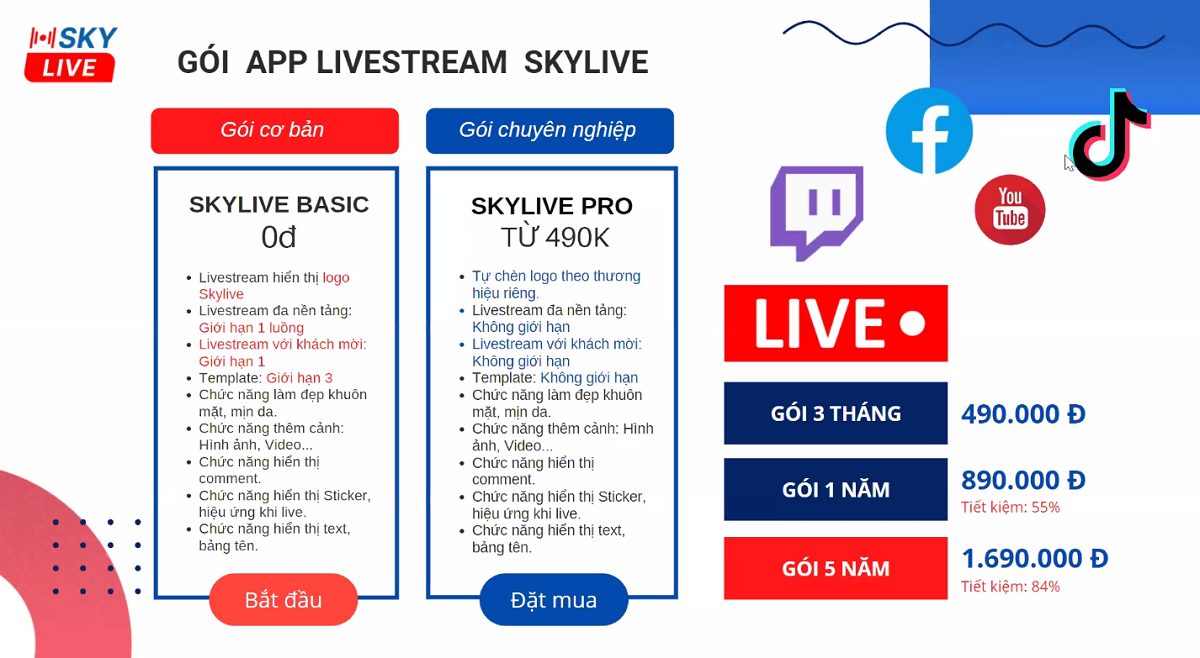 Bảng giá chi phí của skylive app